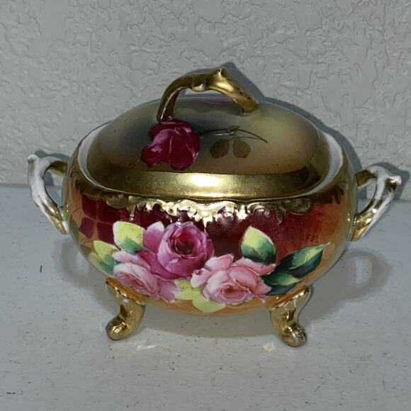 Vintage American Beauty Germany Creamer Sugar Bowl Set Hand Painted Rose Signed - Picture 2 of 15